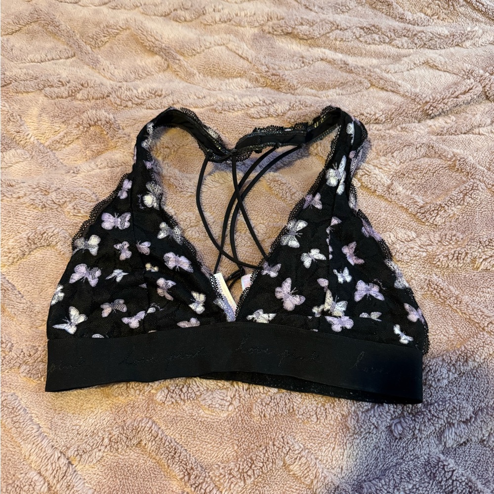 PINK Victoria's Secret Black and Purple Floral Lace Bralette